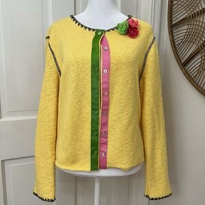 Artsy Yellow Cardigan Sweater CottageCore Girhoodcore Flowers Fairy Cotton Sz M
